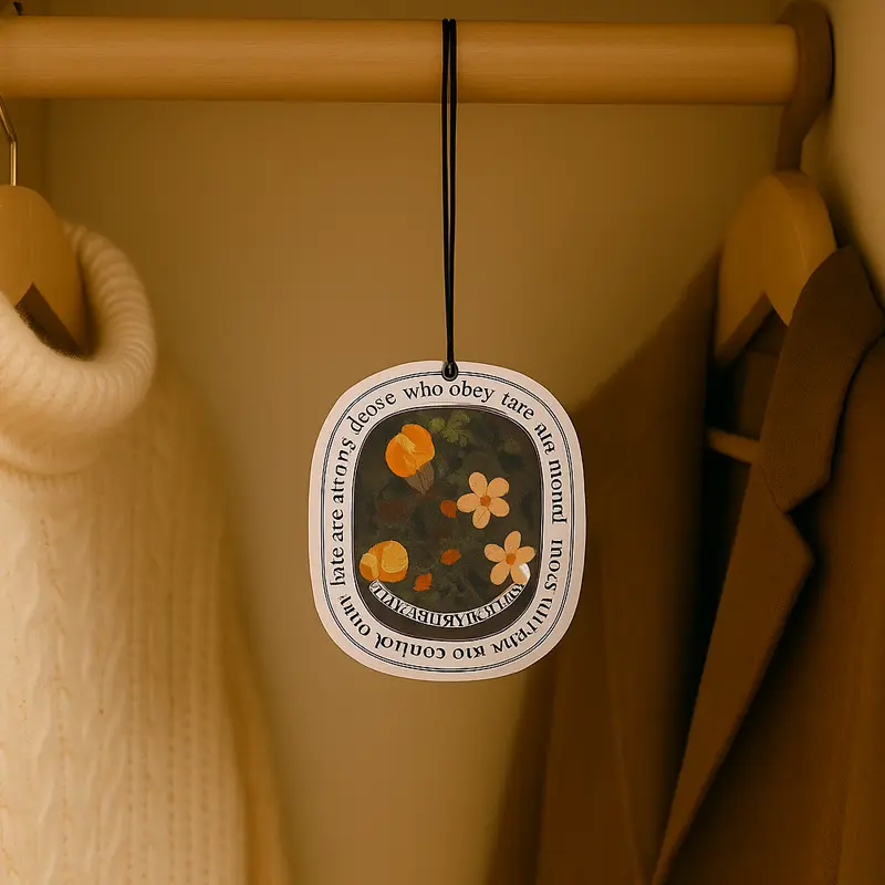 Vintage rose illustration air freshener hanging in a wardrobe for room scenting
