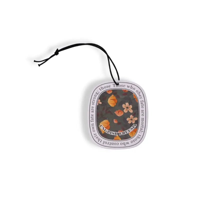 Rounded-square paper air freshener with vintage rose floral illustration and black string
