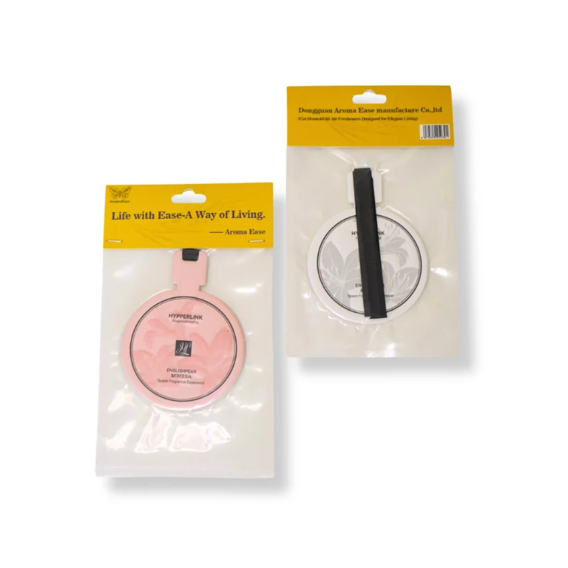 Front and back packaging of round English Pear & Freesia hanging freshener cards